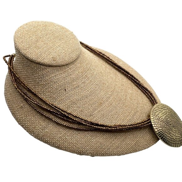 Boho Chic Inspo Mosaic Pattern Pendant Necklace Bronze Seed Beads Textured - Picture 2 of 7